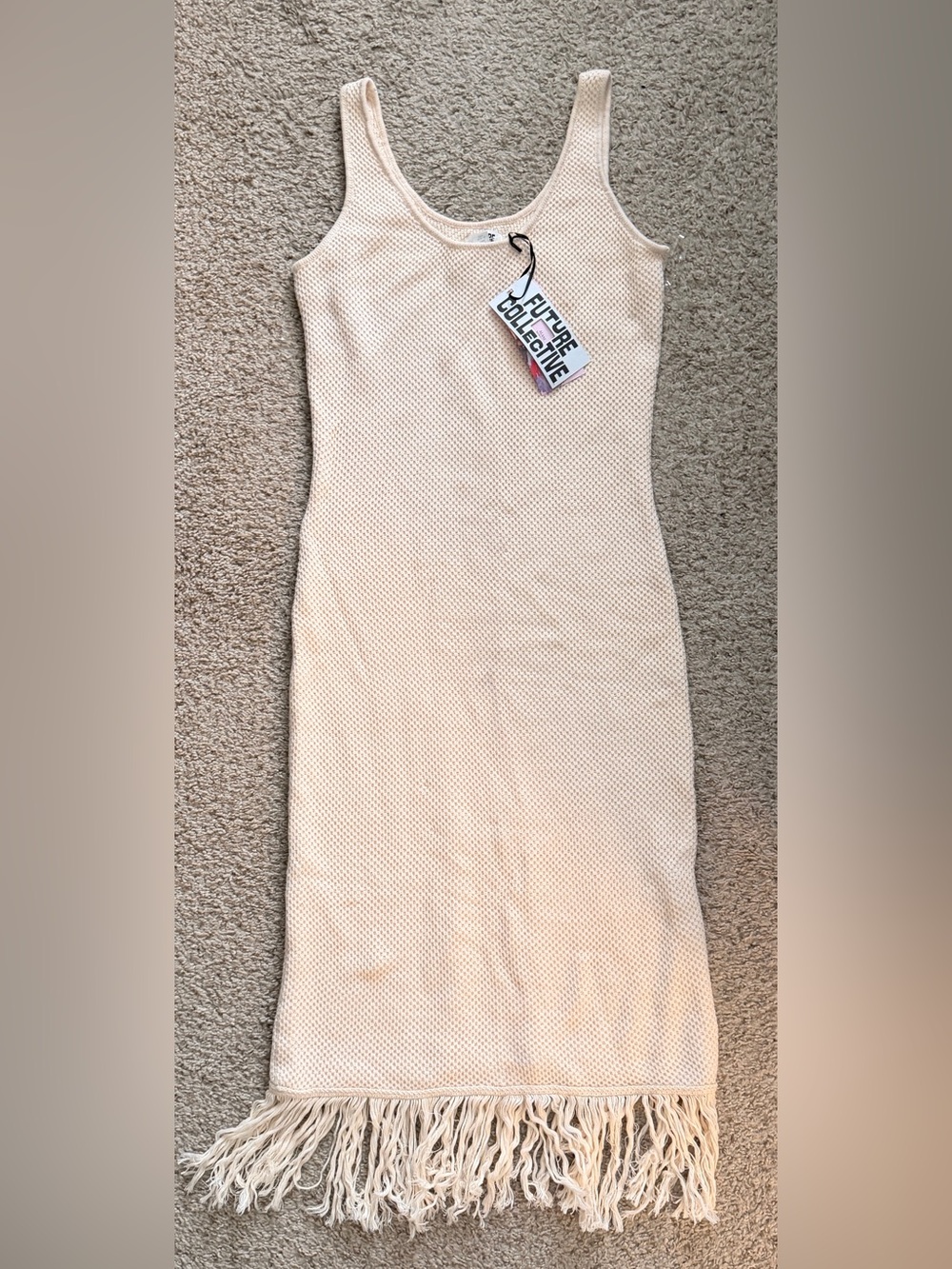 Future Collective Cream Knit Midi Dress with Fringe